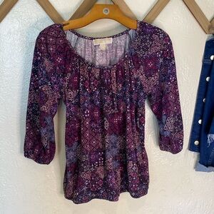 Michael Kors purple paisley printed cotton modal 3/4 sleeve blouse top womens S